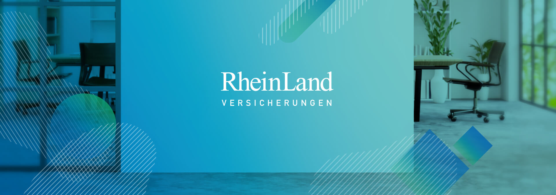 Marketing für RheinLand Versicherungen Headerbild Büroräume mit grafischen Overlays zum Case Recruiting Campagne
